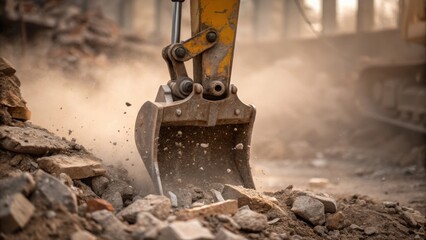 Poster - Closeup of an excavators claw gripping broken concrete with dirt and dust swirling around as it prepares to remove debris symbolizing the forceful and immediate response needed in