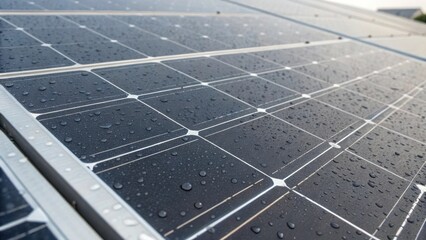 Aufkleber - Closeup of a solar panels surface capturing the intricate grid of photovoltaic cells with raindrops clinging to the edges emphasizing the panels efficiency even in wet conditions