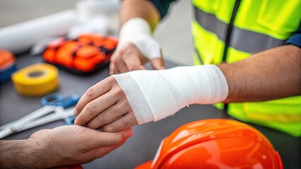 Aufkleber - Closeup of a responder applying a sterile bandage to a workers hand injury with tools and safety gear blurred in the background emphasizing the care involved in treating the .