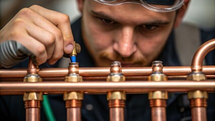 Poster - Closeup of a technicians hands skillfully soldering copper pipes with beads of sweat visible illustrating the craftsmanship involved in connecting HVAC components.