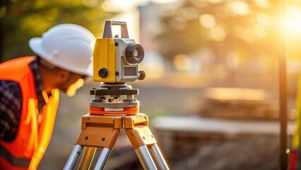 Closeup of a surveying instrument set on a tripod capturing the vibrant details of the device as sunlight glints off its metallic surface with an engineer visible in the background