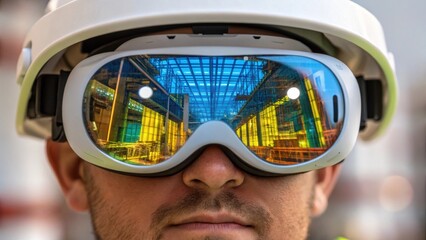 Poster - Closeup of a VR headset on a workers face reflecting vibrant visualizations of a construction site within the lenses showcasing intricate details of the architecture and