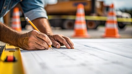 Aufkleber - Closeup of a weathered hand tracing detailed lines on a blueprint with construction equipment and safety cones blurred in the background showcasing the handson nature of the