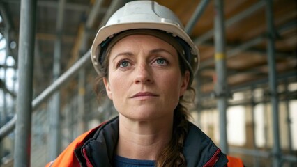 Poster - Closeup of a womans face showcasing both determination and care with a backdrop of scaffolding and beams illustrating her dedication to safety in the construction environment.