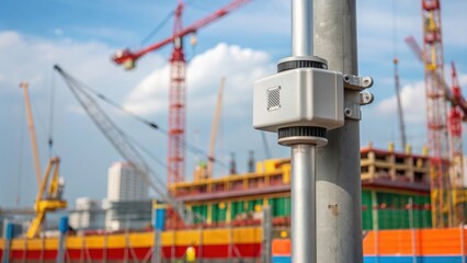Poster - Closeup of a weatherproof noise monitoring device mounted on a pole with a vibrant construction site bustling in the background showing cranes and workers in action.