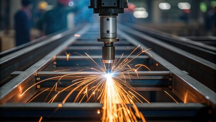 Fototapete - Closeup of a welding robots nozzle emitting bright arcs of light as it fuses metal beams together with sparks flying and a blurred background of workers observing from a safe