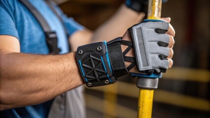 Aufkleber - Closeup of a workers hand gripping a tool while wearing an exoskeleton showcasing the added support around the wrist and the seamless integration of technology with traditional