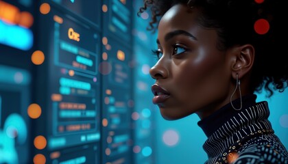 Poster - Dark-skinned woman focused on futuristic tech interface. Concentrated specialist analyzes complex data streams on digital wall. Modern cyber security concept. AI tech illustration portrays future