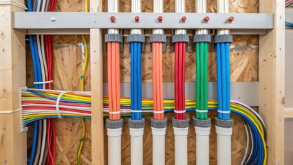 Poster - Closeup of colorful electrical wiring and plumbing pipes being installed within the walls demonstrating the behindthescenes infrastructure that supports affordable living spaces.