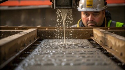 Aufkleber - Closeup of concrete being poured into forms at the base of the bridge with droplets splashing and a workers face concentrated on the task emphasizing the machinery and materials