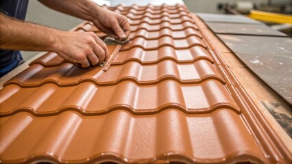 Fototapete - Closeup of a workers hands applying adhesive to the back of a terracotta tile with a textured surface showing every ridge and groove highlighting the meticulous process of