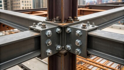 Poster - Closeup of the connection point where the steel beam meets the framework showing bolts and plates being carefully aligned. The intricate details of the hardware emphasize the