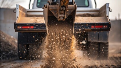 Poster - Closeup of the backhoes bucket making contact with the truck bed with a spray of dirt flying in all directions illustrating the dynamic and sometimes chaotic nature of construction