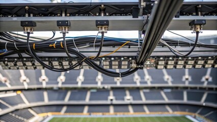 Poster - Closeup of the intricate wiring and lighting systems being installed high above the stadium seating showing the complexity and planning involved in modern sporting facilities.