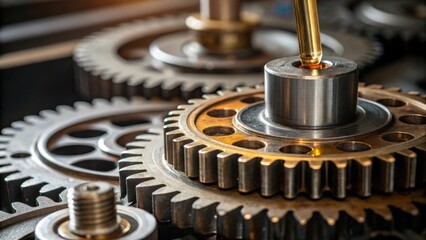 Aufkleber - Closeup of the intricate gear mechanism on the machine glistening with oil as it powers the rotation of the ter head conveying the complex engineering behind the tunneling process.