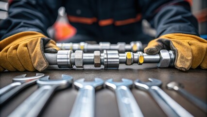 Poster - Closeup shot of gloved hands connecting segments of a sy gas line with metal fittings the background blurred to emphasize the intricate tools laid out beside the worker.