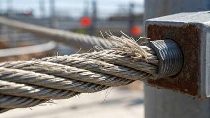 Aufkleber - Closeup view of the heavyduty cable in tension with visible fraying fibers indicating the immense weight it is carrying as it connects to a bulky construction block.