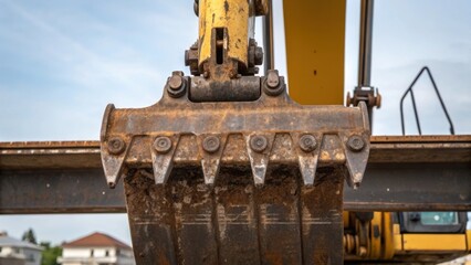 Aufkleber - Closeup shot of the powerful jaws of a hydraulic excavator gripping a steel beam showing the intricate details of the machinery and the textured surface of the rusting metal being