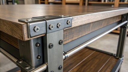 Leinwandbilder - Detailed view of a set of metal brackets being attached to a desk frame showcasing the texture of the materials and the careful alignment needed to ensure stability and strength.