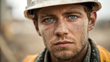 Poster - Dust and Grit A medium closeup reveals the workers face spattered with dust and debris emphasizing the harsh environments he endures daily. His piercing eyes reflect both fatigue