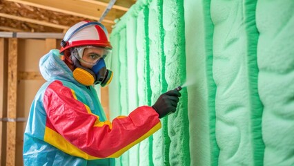 Poster - Green insulation application A medium closeup of an insulation spet applying ecofriendly spray insulation with colorful protective gear and the insulation material prominently