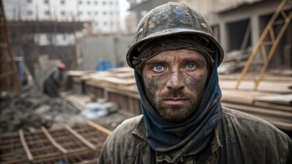 Poster - Intense blue eyes peer through the grime on the workers face capturing a moment of concentration as he stands amidst chaotic construction activity embodying resilience and