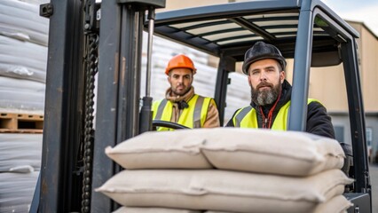 Aufkleber - Loading Materials A medium closeup of workers using a forklift to unload bags of cement from a delivery truck. The focused expressions on their faces highlight the importance of