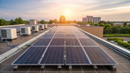 Aufkleber - Medium closeup image of solar panels angled toward the sun on a flatroof building surrounded by HVAC units and rooftop gardens illustrating a blend of energy solutions.