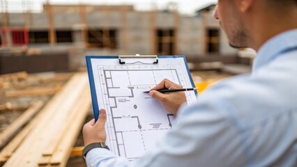 Aufkleber - Medium closeup of an engineer holding a clipboard meticulously reviewing a blueprint with site measurements while the other hand points to specific areas on the map showcasing