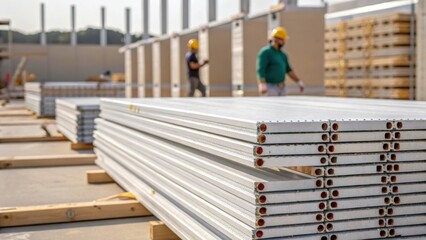 Aufkleber - Medium closeup of an array of stacked prefabricated panels marked for installation with workers in the background preparing for assembly illustrating efficiency in the construction