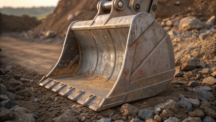 Aufkleber - Medium closeup of an excavators bucket surrounded by loose gravel and earth displaying the wear and tear of previous tasks while emphasizing the gleaming metal finish and robust