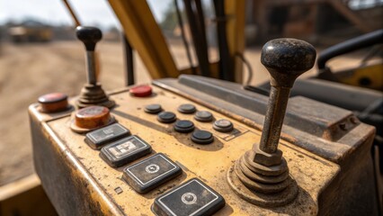 Aufkleber - Medium closeup of an excavators operator controls featuring various levers and buttons with worn textures that indicate frequent operation emphasizing human interaction with