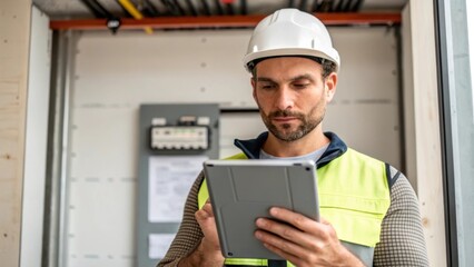 Aufkleber - Medium closeup of an installer reviewing plans on a tablet expressions focused and determined with a partially installed system visible in the background reflecting preparation and