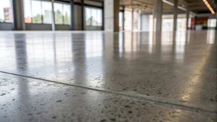 Poster - Medium closeup of a polished concrete floor showcasing the mirrorlike finish and varying tones of gray with faint shadows emphasizing the smooth reflective surface.