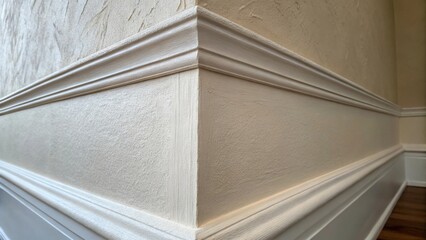 Poster - Medium closeup of a plastered wall corner where two walls meet displaying the smooth transition and the careful craftsmanship involved in achieving straight edges.