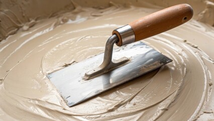 Aufkleber - Medium closeup of a plastering trowel ting through a mix of plaster showcasing the creamy consistency and the slight glisten of moisture as it prepares for application.