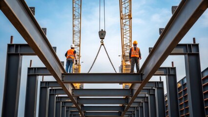 Aufkleber - Medium closeup of steel beams being hoisted into position with workers carefully guiding them as cranes tower overhead capturing the intricate coordination of the construction