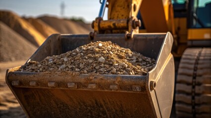 Poster - Medium closeup of the excavators bucket filled with a mixture of gravel and soil with grains glistening in the sunlight showcasing the machines productivity in a working