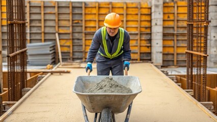 Poster - Medium closeup of a worker wearing protective gear mixing concrete in a wheelbarrow with the formwork structure prominently in the background illustrating the preparation phase.