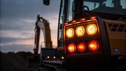 Aufkleber - Medium closeup of the rear lights on an excavator illuminating with a soft glow as dusk approaches drawing attention to the blend of functionality and design in heavy machinery.