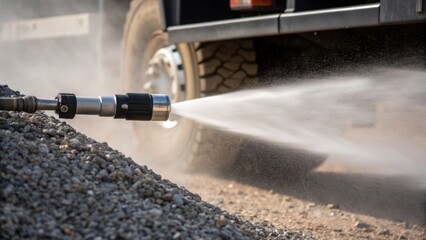 Aufkleber - Medium closeup of a water trucks nozzle in action releasing a steady stream of water onto a gravel pile with fine dust swirling in the air before being suppressed illustrating the