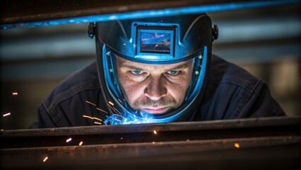 Poster - Medium closeup of a welders intense expression framed by the glowing helmet visor reflecting the blue light of the welding arc as he joins two heavy steel beams.