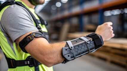 Poster - Medium closeup of a workers arm equipped with an exoskeleton focusing on the intricate design of the forearm and wrist support demonstrating how it aids in repetitive lifting