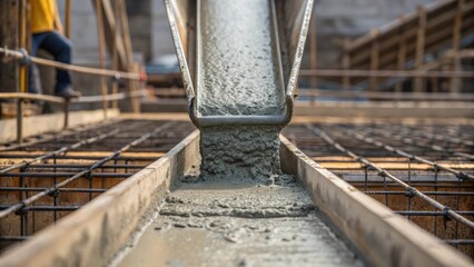 Poster - Medium closeup of concrete pouring from a chute into a form capturing the fluid motion and precision required to create a foundation for the building structure.