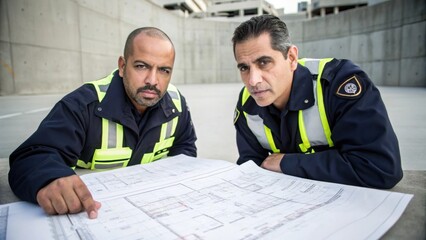 Aufkleber - Medium closeup of two city officials discussing safety protocols with blueprints spread out on a concrete surface highlighting their focused expressions and the intricate details