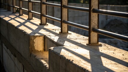 Aufkleber - Railing and concrete forms in a closeup image sunlight streaming through the gaps casting shadows that accentuate the textures and contours of the unfinished structure around them.