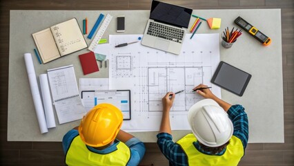 Aufkleber - Overhead shot of a table cluttered with open blueprints markers and notepads with a couple of workers in the frame deep in discussion embodying teamwork and planning.
