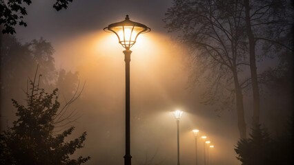 Poster - Streetlights in the Mist Closeup of a streetlight casting a warm glow through the thick fog its light diffusing into a halo illuminating the silhouettes of nearby lampposts and