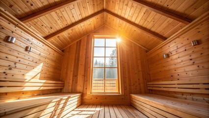 Poster - Sunlight filters through a window illuminating the interior of a mass timber structure. The warm tones of the wood walls and ceiling create an inviting atmosphere enhancing the