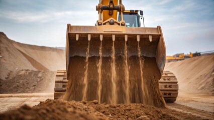 Poster - The impressive scoop of the excavator midaction with soil cascading down like an avalanche illustrating the force and efficiency of the machinery at work.
